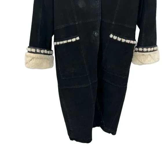 Vintage Sin by Morgan Cooper Black Suede Faux Fur Hooded Trench Coat Jacket L - Picture 6 of 16